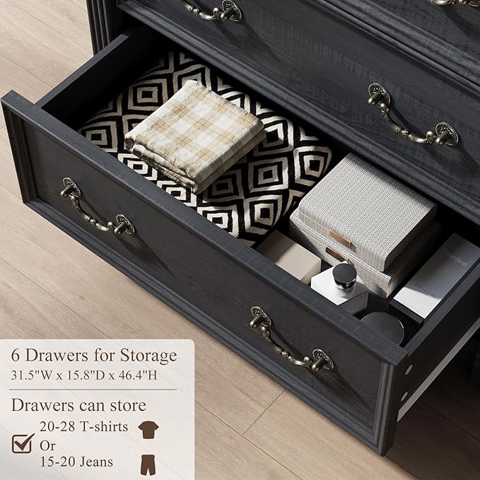 Black 6 Drawers Dresser, 47" Tall Dresser for Bedroom, Wood Rustic Tall Chest of Drawers with Chic Wood Pilasters, Farmhouse Dressers Organizer for Bedroom, Hallway