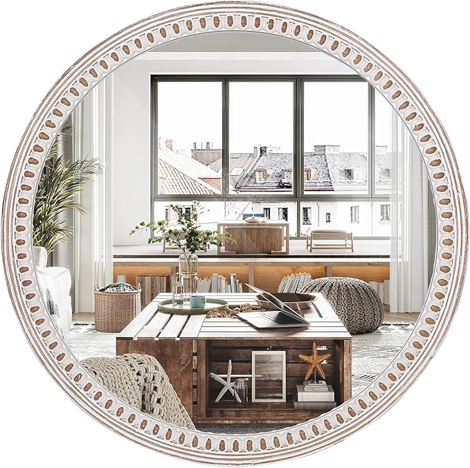 24 Inch Rustic Farmhouse Round Wood Wall Mirror, Decorative Circle Mirrors for Bathroom Over Sink, Living Room, Entryway, Bedroom