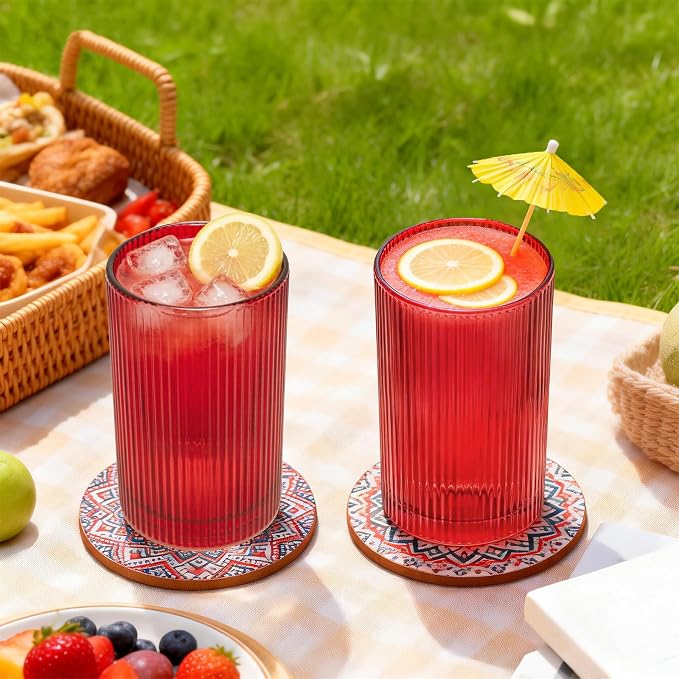 18 oz Ribbed Drinking Glasses Set of 6, High Clear Vintage Iced Coffee Cups Elegant Glassware, Highball Glass Cups Ridged Glass Tumbler for Cocktail, Whiskey, Beer, Water, Juice, Origami Style Red