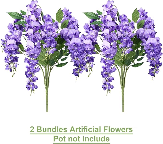 HyeFlora Wisteria Artificial Flowers for Indoor Decoration, 2Pcs Purple Fake Hanging Flowers for Table, Kitchen, Living Room, Bathroom, Home, UV & Fading Resistant Office Decor