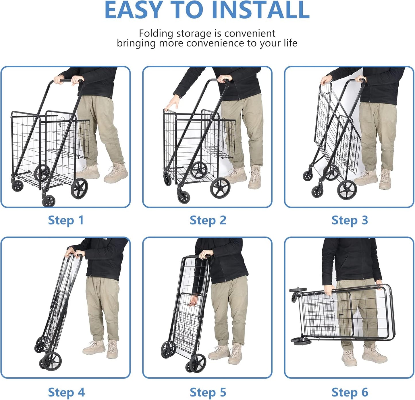SUPER DEAL Folding Shopping Cart - Durable Wheels & Double Basket for Groceries, Black