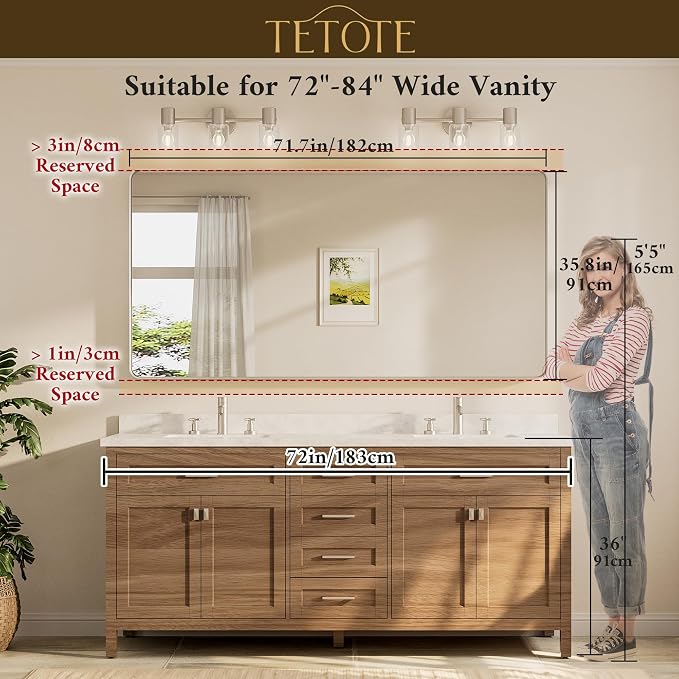 TETOTE 72 x 36 Inch Brushed Gold Bathroom Mirror, Rectangle Metal Frame Champagne Gold Vanity Mirror, Modern Round Corner Large Wall Mirrors Shatterproof (Horizontal/Vertical)