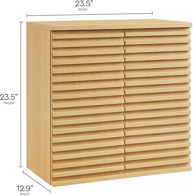 Modway Render Wall Mounted Bathroom Cabinet in Oak - 23.5 Inch Compact Wall Storage with Slatted Doors and Adjustable Shelves for Bathroom or Laundry Room