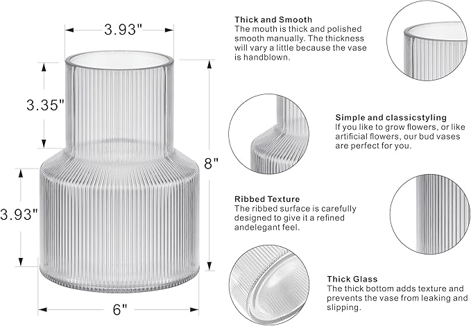 8" High Ribbed Glass Vase, Glass Flower Vase, Fluted Clear Vases for Lego Flower Bouquet, Modern Glass Vases for Living Room, Dinning Table, Wedding (Clear, 6"x8")