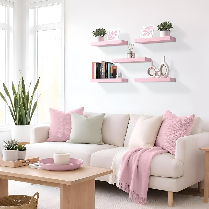 Sorbus Floating Shelves for Wall – 16 Inch Floating Shelf for Kitchen, Bedroom, Living Room, Bathroom, Home & Wall Decor - Mounted Bathroom Shelves with Invisible Brackets (Soft Pink, 3 Pack)