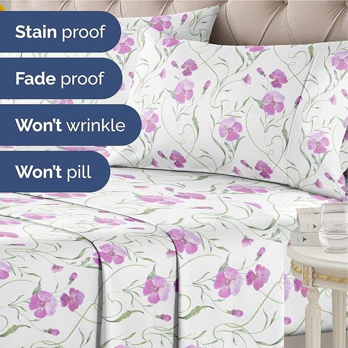 Floral Sheets - Pink Floral Bed Sheet Set - 1 Flat, 1 Fitted & 2 Pillowcases w/ Deep Pockets - Comfy, Wrinkle & Fade Free - Boho Botanical Bedding - Ultra-Soft, Breathable & Cooling - King Size Set