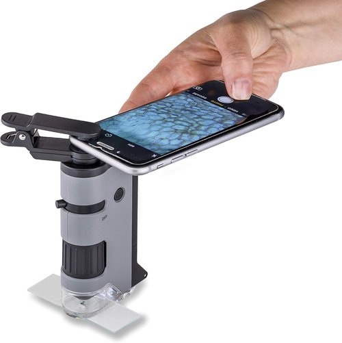 Carson MicroFlip Pocket Microscope 100x-250x - LED & UV Light, Flip Down Base, 24 Prepared Slides Bundle