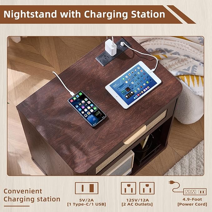 LEYAOYAO Rattan Nightstands Set of 2 with Charging Station, 23" Wide Boho Night Stand with Drawer, Walnut Bedside Table Open Cabinet, Bed Side End Table Dresser for Bedroom, Living Room, Hallway
