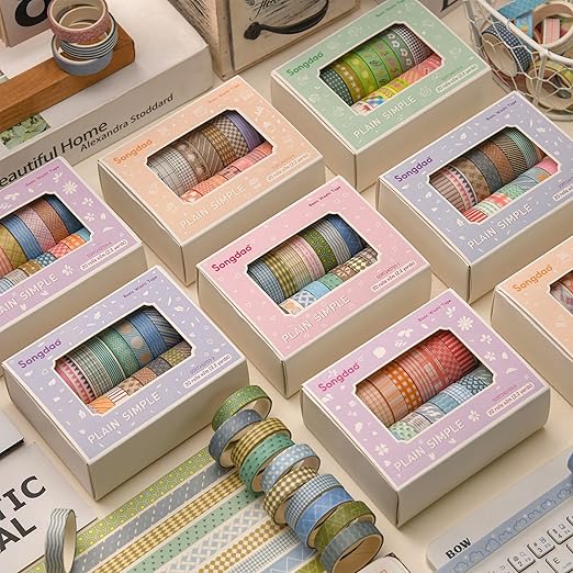 Songdao 20 Rolls Basic Washi Tape Set Japanese Arts Adhesive Tapes Simple Patterns Decorative Masking Tape Sets for Craft, Kids, Scrapbook, DIY, Gift Wrapping (Style Five)