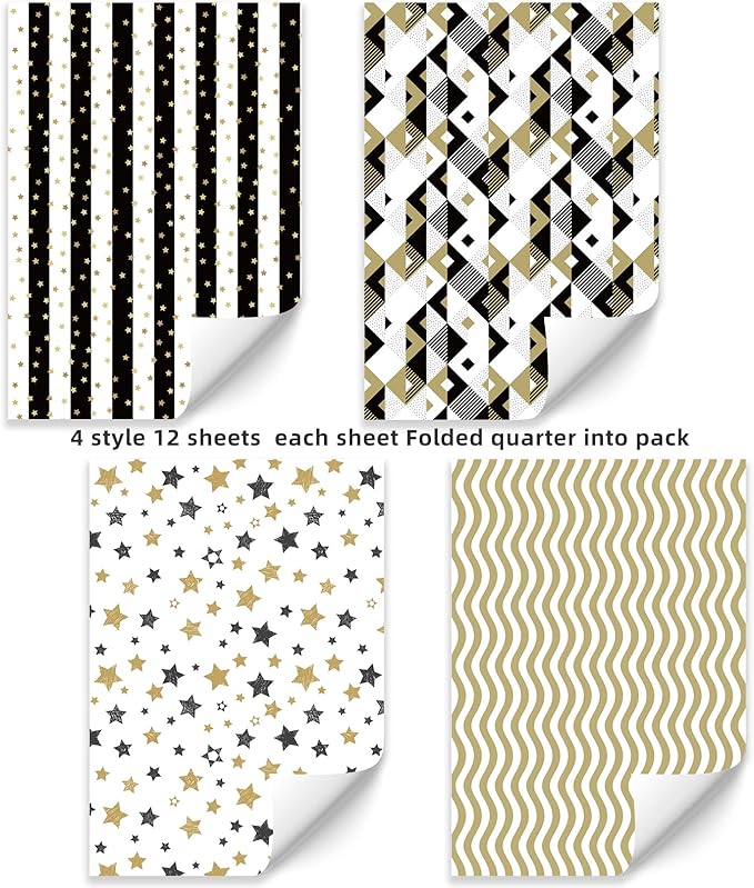 PlandRichW Wrapping Paper Folded Black White and Gold Matte Design Stars, Stripes, Ripples, Plaids for Birthdays, Christmas, Graduations, Weddings, Father's Day 4 Styles 20" X 29" 12 Sheets