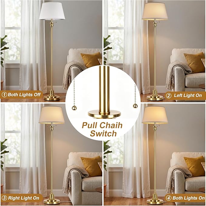 2-Light Floor Lamp for living room, 66.5'' Rustic Farmhouse Pole Lamp with Double Pull Chain, Mid Century Vintage Tall Standing Lamp for Bedroom Home Decor(3 Color Temperatures Bulb Included), Gold