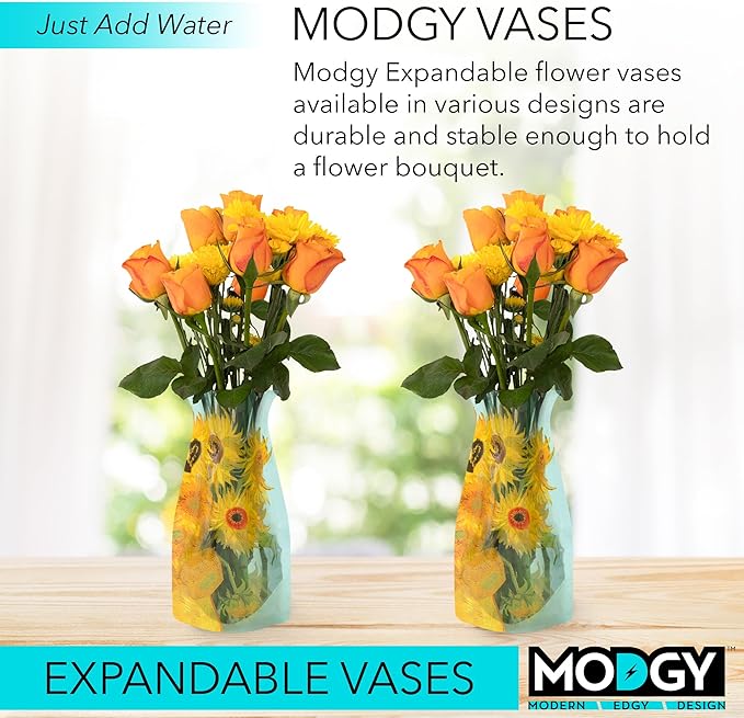 MODGY Expandable Flower Vase, Plastic Decorative Modern Foldable Printed Vases for Centerpieces for Wedding, Dining Table, Home Decor, Living Room, Bathroom, Sunflowers, Vincent Van Gogh, 2 Pack