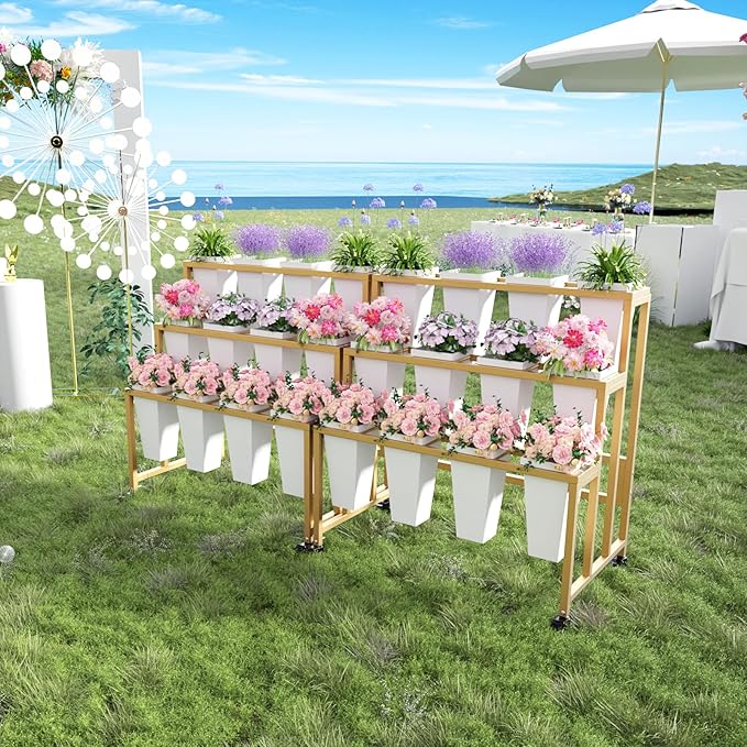 Flower Display Stand with 12 Buckets, 3 Layers Flower Bar, Gold Metal Plant Stand with Wheels, Heavy Duty Flower Cart for Indoor Outdoor Patio Garden Wedding Florist, Gold Metal Frame