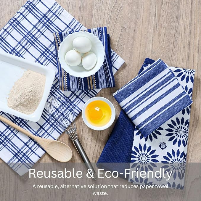 WeWove Assorted Kitchen Towels Set of 5-100% Cotton Dish Cloths Towels with Hanging Loop - Soft Absorbent Washable Reusable for Kitchen Use - Quick Drying 16x26 inch Dish Towels Blue
