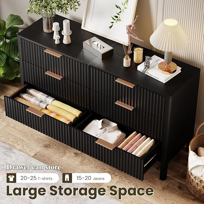 55" Wide Fluted 6 Drawer Dresser for Bedroom, Wooden Dresser Modern Chest of Drawers TV Stand Dressers with Organizer Storage for Bedroom, Living Room, Entryway, Hallway, Black