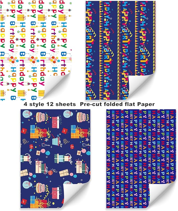 PlandRichW Birthday Wrapping Paper 12 sheets Folded Happy Birthday Gift Wrapping Paper for Kids Boys Girls Men Women Baby 4 Style Colorful Birthday Greeting Gift Wrap Paper 20 X 29 Inches