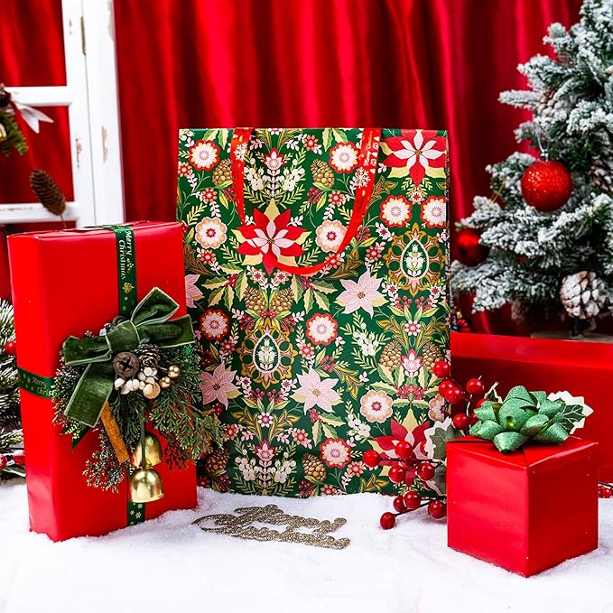 MAYPLUSS Christmas Wrapping Paper Roll - 17IN X 33FT - Vintage Gift Wrapping Paper Featuring Christmas Flower Against Green Reversible Red for Kids, Holiday, New Year
