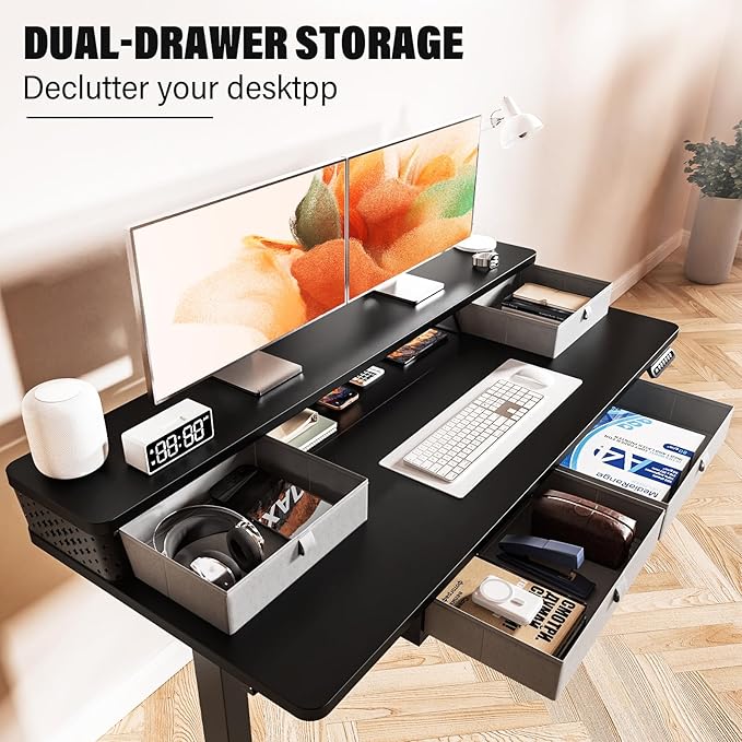 Electric Standing Desk with 4 Drawers 55''x 24'' Adjustable Height Sit to Stand Up Desk with Storage Shelf, C-Clamp Mount Compatible Black Home Office Desks Computer Gaming Table Ergonomic Workstation