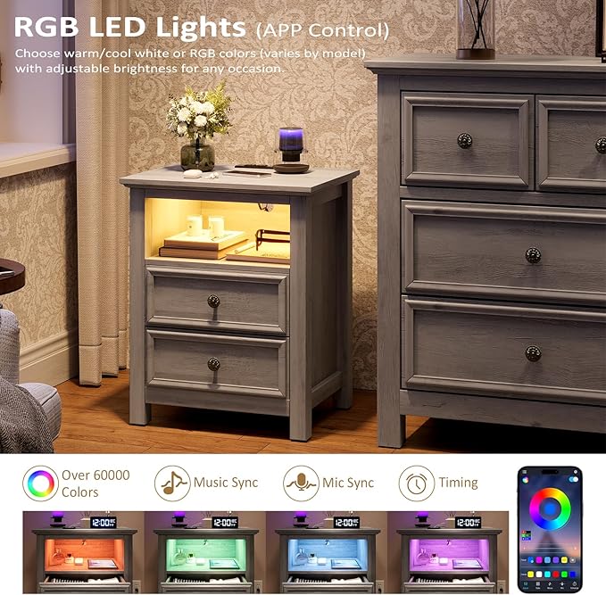 LGHM Set of 2 Nightstand with Charger Station Strip Lights, 20" W Large Night Stand with 2 Drawers, Accent Bed Side Table and End Table, Large Open Cubby, Stable Thick Wood Legs, Timeless Look,Gray