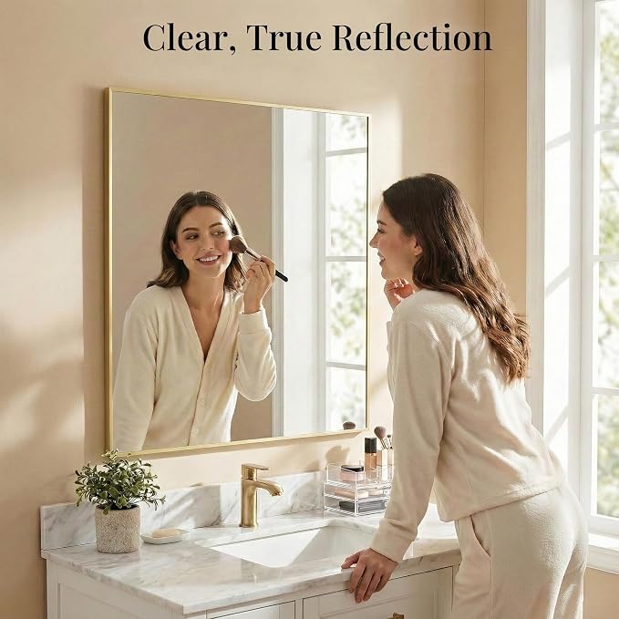 30"x30" Square Gold Bathroom Mirror, Shatterproof Tempered Glass, Brass Tone Geometric Narrow Frame, Ultra-Flush Wall-Mounted