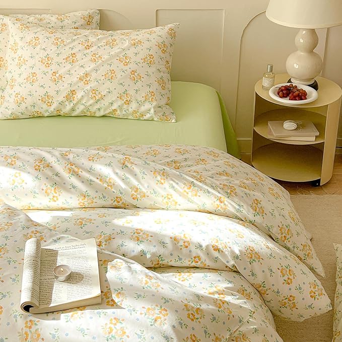 EAVD Chic Shabby Small Yellow Floral Duvet Cover Queen Soft 100% Cotton Garden Floral Bedding Set with 2 Pillowcases Reversible Floral Cottagecore Bedding Set with Zipper Closure