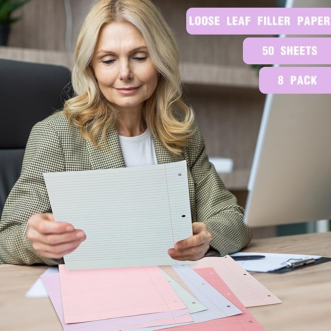 PerKoop 400 Sheets Colored Loose Leaf Paper 8.5" x 11" college ruled Lined 3 Hole Punched notebook Filler Paper for 3 Ring Binders Office School Supplies (Gentle Colors)