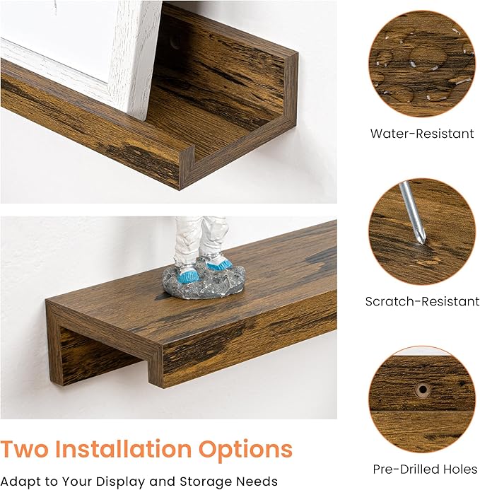 RICHFOCUS Picture Ledge Shelf, 72 inch Floating Shelves Set of 2, Wood Wall Shelves with Lip, Wall Decor Storage for Bedroom Living Room Bathroom Kitchen Nursery Photo Picture, Rustic Brown