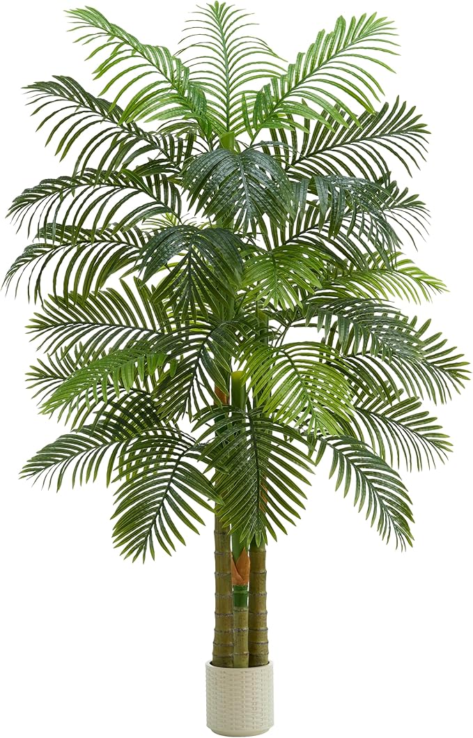 Artificial Golden Cane Palm Tree：6T Fake Large Tropical Areca Palm Trees Tall Faux Silk Plant in White Pot with Realistic Triple Textured Trunks for Office Outdoor Home Decor Hotel Patio Lobby