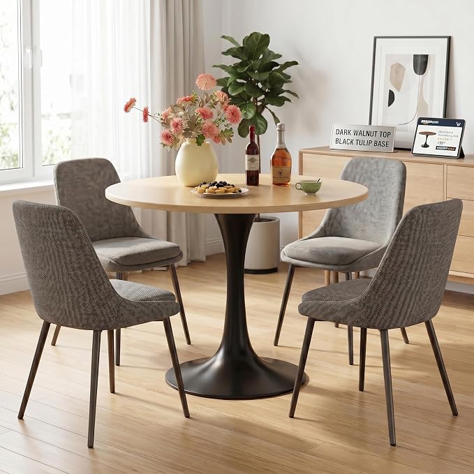 24 Inch Modern Round Dining Table, Mid Century Pedestal Kitchen Table for Small Spaces, Natural Wood Top Coffee Table with Stable Metal Base for Apartment, Living Room, Office, Studio