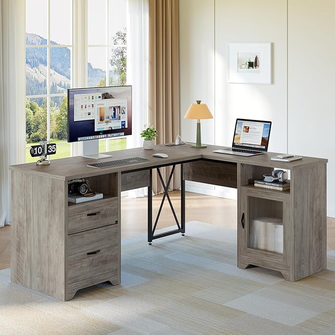 Bestier Farmhouse L Shaped Desk with Drawers, 63" x 47" Office Computer Desk with Charging Station & Fluted Storage Cabinet, Corner Desk with File Drawers, Modesty Panel for Home Office, Grey