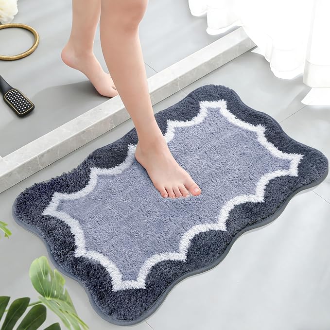 Scalloped Blue Small Bathroom Rugs Mat,Non Slip Absorbent Quick Dry Bath Mats for Shower Room,Plush Microfiber Bath Rug for Bathroom Floor Washable Carpet for Shower Tub Sink Bedroom,16"x24"