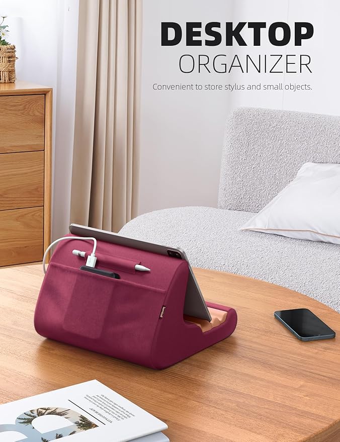 Lamicall Tablet Holder, Tablet Pillow Stand - Tablet Pillow Soft Pad for Bed and Lap, with Stylus Mount & Pocket, for iPad Pro 12.9, Air, Mini, Kindle, Galaxy Tab and 4-13" Tablet, Dark Red