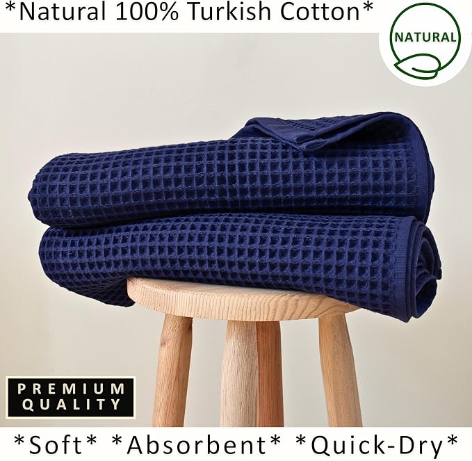 PÜSKÜL Natural 100% Turkish Cotton Navy Waffle Bath Towels Set of 2-Piece | 32x63 Extra Large Absorbent Quick-Dry Lightweight Spa Towel | Luxury Bathroom Towel (Navy Blue Bath Towels - Pack of 2)