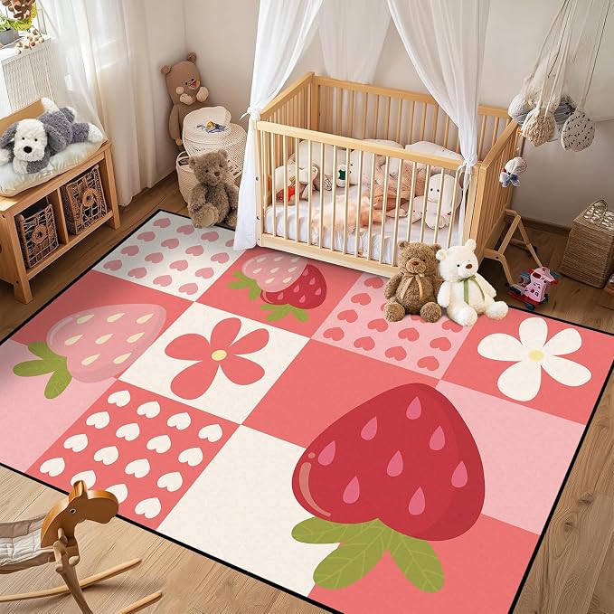 Strawberry Checkered Rug Cute Red Area Rug Love Flower Washable Carpet for Bedroom Living Room Nursery Kitchen Playroom Home Decor Soft Non Slip Floor Mat，6'x9'