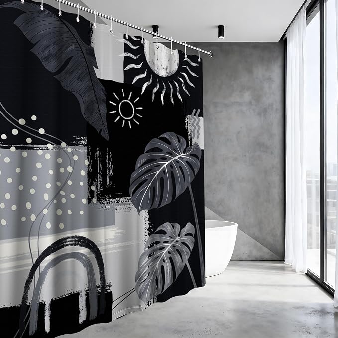 Black and Gray Mid Century Modern Shower Curtain Bohemian Abstract Dark Black and Grey Shower Curtains for Bathroom Decor Sets, Waterproof Cloth Fabric with Hooks, 70x78 Inch