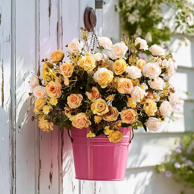 Artificial Rose Flowers for Outdoor 4 Bundles Rose Bouquet with Daisy Faux Flowers UV Resistant for Home Indoor Outside Garden Porch Window Box Balcony Yard Porch Fall Decor (White+Yellow)