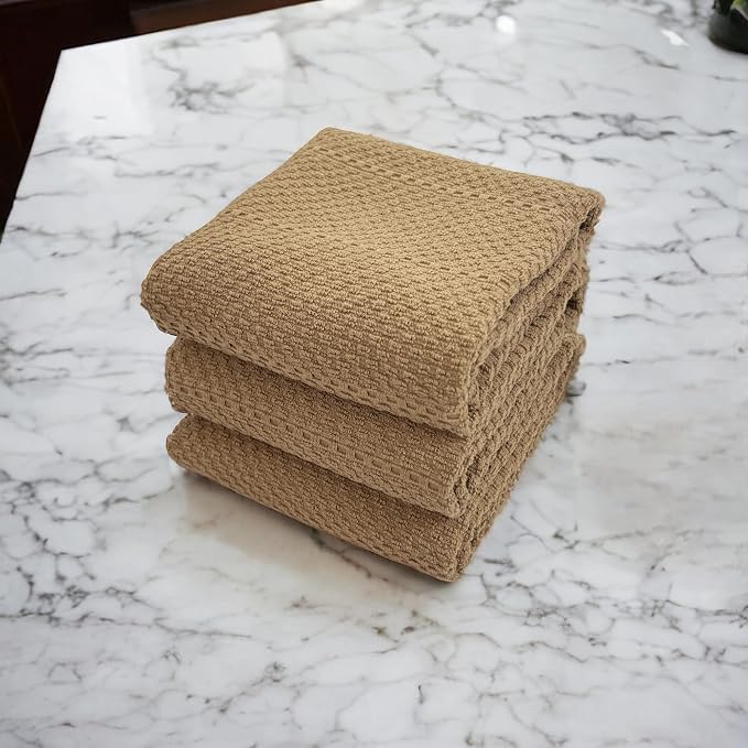Mocha Light Brown Tan Kitchen Hand Dish Towels: Oversized 28" x 18",100% Cotton Cloth Soft Cleaning Drying Absorbent Textured Design, Set of 3 Multipurpose for Everyday Use (Toasted Coconut)