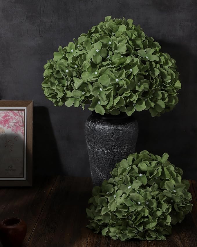DuHouse 8.7" Silk Hydrangea Flower Heads with Stems Fake Hydrangeas Flowers for DIY Wedding Centerpiece Home Decor,Pack of 6(Sage Green)