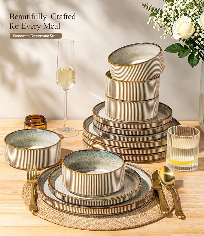 GBHOME 24-Piece Stoneware Dinnerware Set for 8 – Ribbed Ceramic Plates and Bowls, Scratch-Resistant, Microwave & Dishwasher Safe, Reactive Glaze, Reactive Glaze Green Wheat