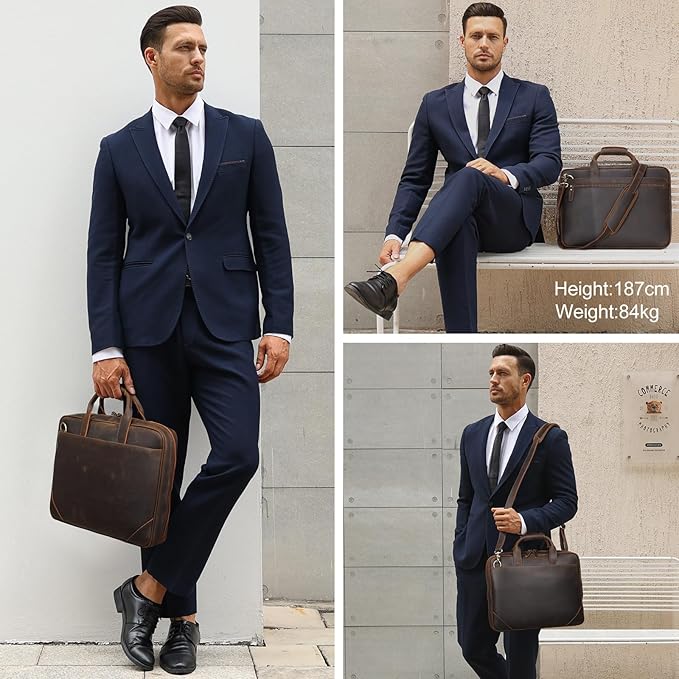 Leather Slim Briefcase for Men 15.6" Laptop Crossbody Messenger Bag Business Work Lawyer Attache Case