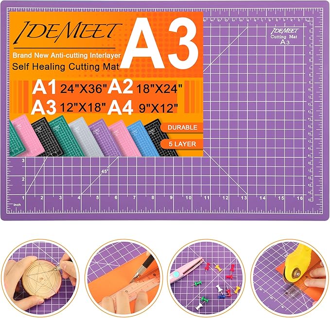 Thickened 18"x12" Self Healing Cutting Mat, Idemeet Rotary Cutting Sewing Mat for Crafts, 5-Ply Blade Table Protector Cut Board for Fabric Leather Cutting Quilting Modeling Hobby Project, A3, Purple