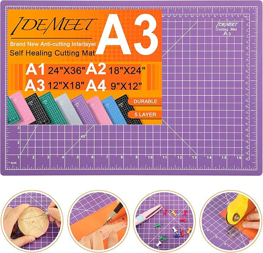 Thickened 18"x12" Self Healing Cutting Mat, Idemeet Rotary Cutting Sewing Mat for Crafts, 5-Ply Blade Table Protector Cut Board for Fabric Leather Cutting Quilting Modeling Hobby Project, A3, Purple