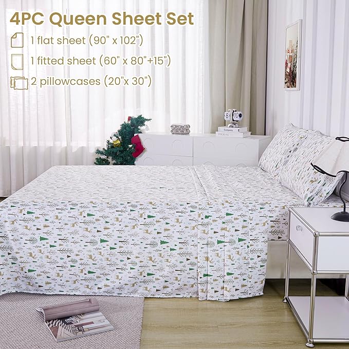 Softan Christmas Holiday Queen Size Sheet Set, Printed Microfiber Fitted Bed Sheet with 15" Deep Pocket & Non-Slip Straps, Forest Deer Patterned Sheets & Pillowcase Set