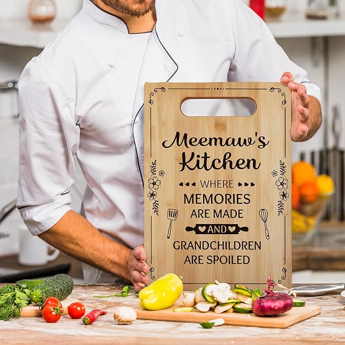 Meemaw Gifts Cutting Board Chopping Board, Grandma Kitchen Gifts, Grandma Birthday Gifts, Grandma Gifts from Grandchildren, Gifts for Grandma Decorative Bamboo Cutting Board for Kitchen