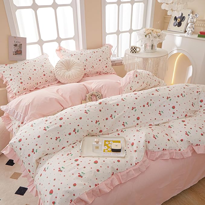 HighBuy Strawberry Comforter Set King Size Pink and White Ruffled Bedding Comforter with 2 Pillowcases Kawaii Reversible Striped Comforter Set Lightweight and Cozy for College Girl