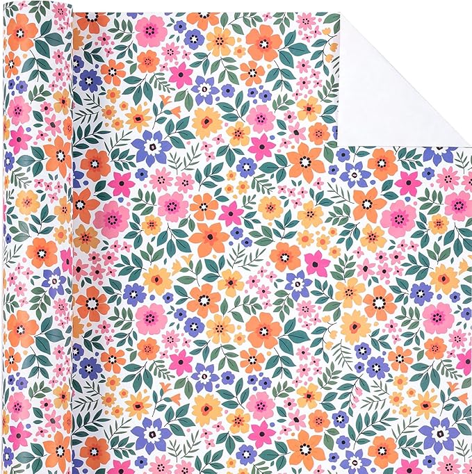 WRAPAHOLIC Kraft Floral Wrapping Paper Roll - Mini Roll - 17 Inch x 33 Feet - Ditsy Flower Wrapping Paper, Perfect for Wedding, Birthday, Bridal Shower, Tea Party