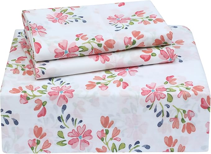 RUVANTI 100% Cotton Sheets Queen Size Set, 4 Pieces, Soft & Breathable Percale Weave Bedding, Deep Pocket 16", Hotel Standard, Crisp Cool Feeling, Durable, Perfect Floral Bed Sheet, Bloomex