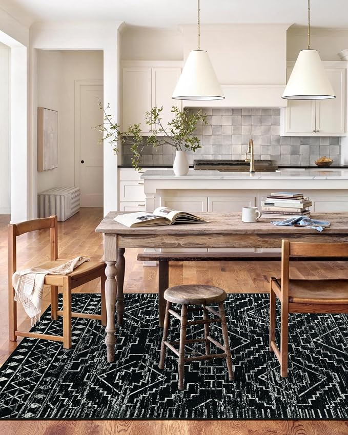 Wonnitar Moroccan 9x12 Area Rug for Living Room, Washable Black Rugs for Bedroom, Large Non-Slip Thin Dining Room Rugs for Under Table, Non-Shedding Soft Boho Floor Carpet Decor (Black,9'x12')