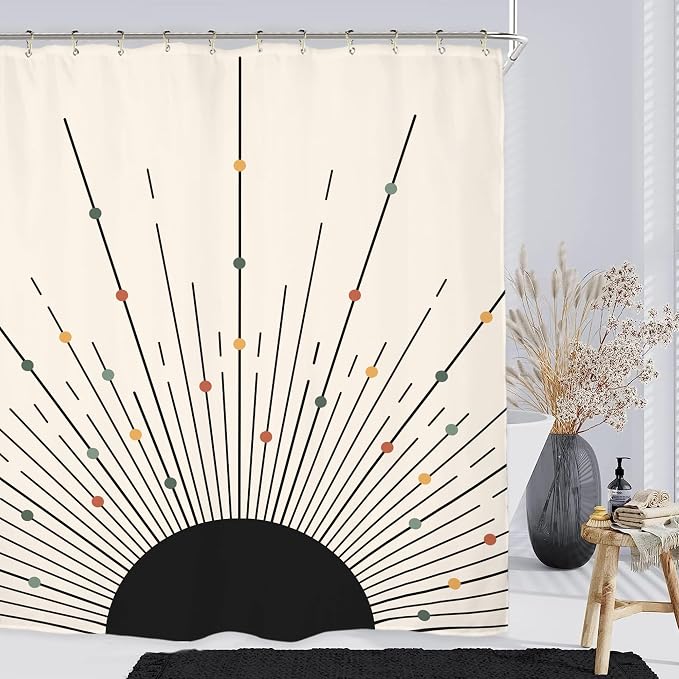 Miyotaa Black Sun Shower Curtain Set 60Wx71H Inches Abstract Minimalist Modern Sunrise Sunset Aesthetic Sunburst Waterproof Bathroom Curtain with 12 Hooks