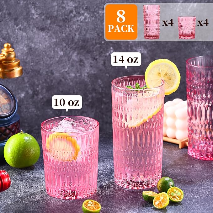 Loivttvv Glassware Drinking Glasses Set of 8, 14 oz Highball Glasses & 10 oz Ribbed Glass Cups, Vintage Glassware for Water, Juice, Cocktail, Whiskey (Pink)